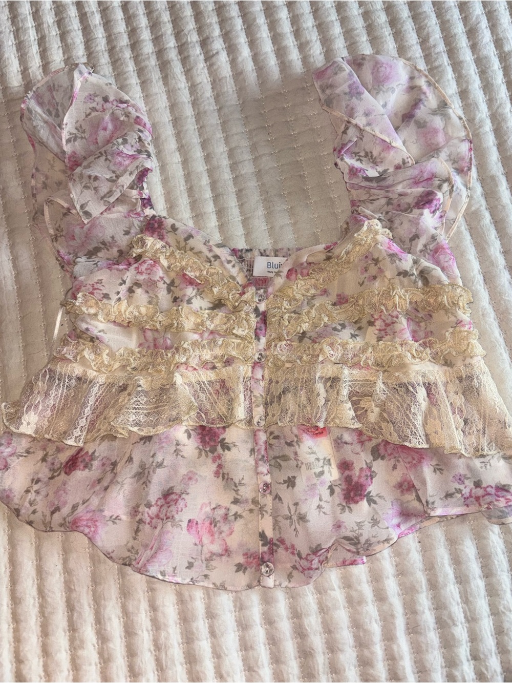 BLU IVY Romantic Floral Lace Ruffle Crop Top - Pink MEDIUM